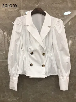 

2019 Autumn Casual Tops Coats High Quality Work Ladies Notched Collar Double Breasted Long Sleeve White Black Khaki Jacket Coats