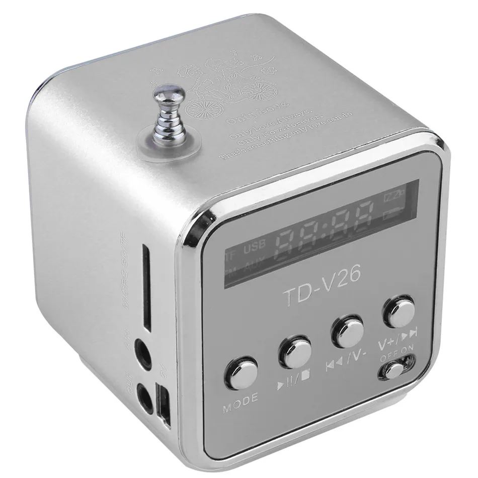 Портативный алюминиевый сплав TD-V26 мини-динамик портативный цифровой lcd звук Micro SD/TF fm-радио музыка стерео громкий динамик для ноутбука - Цвет: Silver
