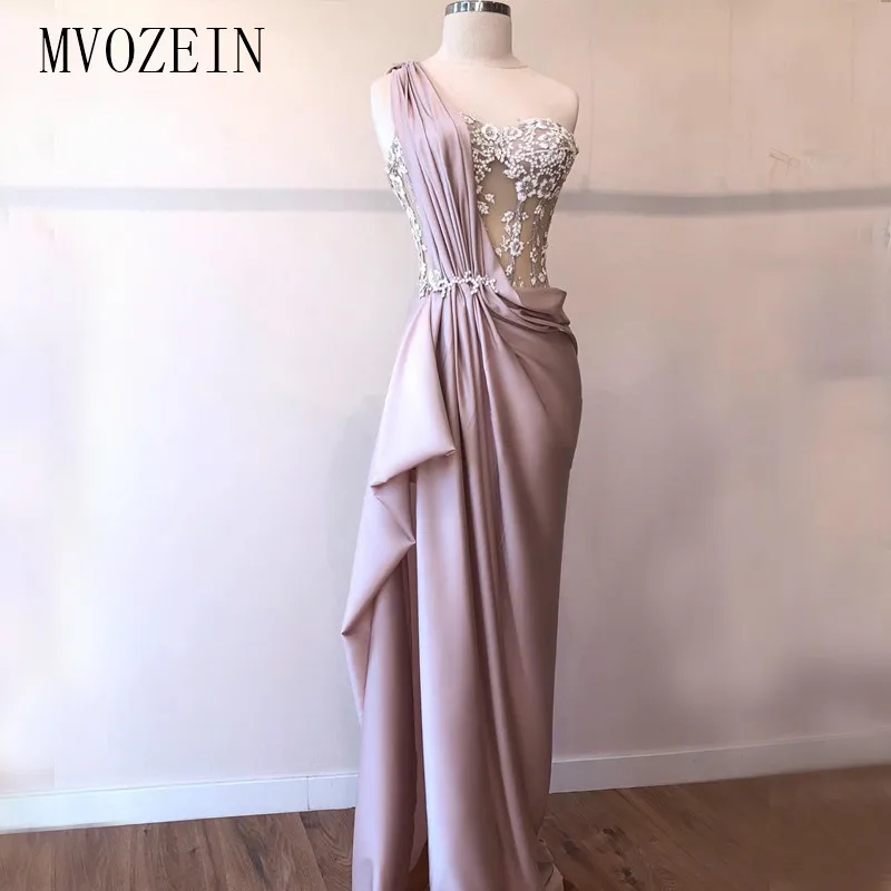 

Sexy Mermaid Evening Dresses 2019 Satin One Shoulder See Through High Split Floor Length Evening Party Dress Formal Gowns