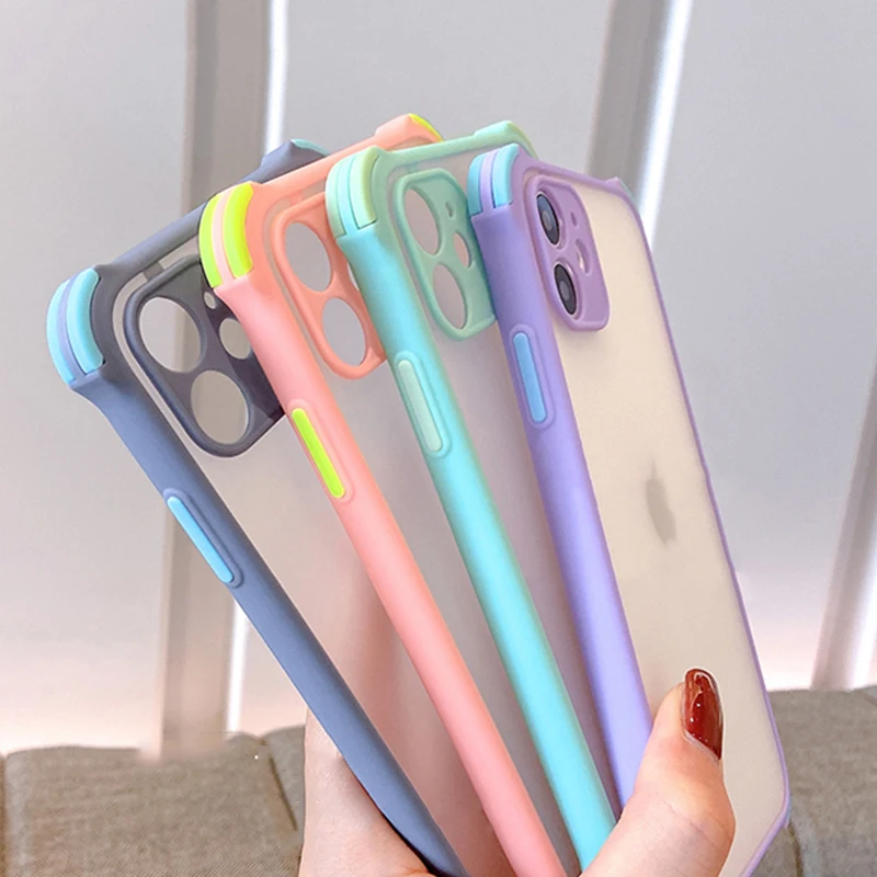 Phone Case For iPhone 6 6S 7 8 Plus 11 12 X XS XR SE PRO MAX 2020 Shockproof Anti-Fall Matte Translucence Candy Color Case Cover