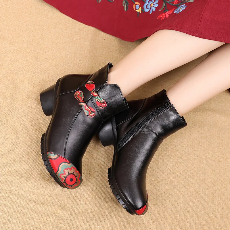 

Autumn And Winter New Style Ethnic-Style Short Boots Women's Genuine Leather plus Velvet Mom Cotton Boots Semi-high Heeled Bow S