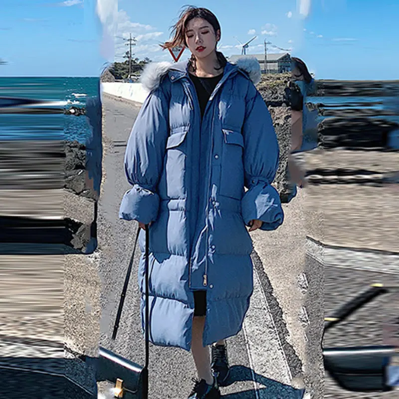 Зимнее пальто женское корейское с капюшоном свободное негабаритное давление туман синий толстый теплый пуховик женская зимняя верхняя одежда 559