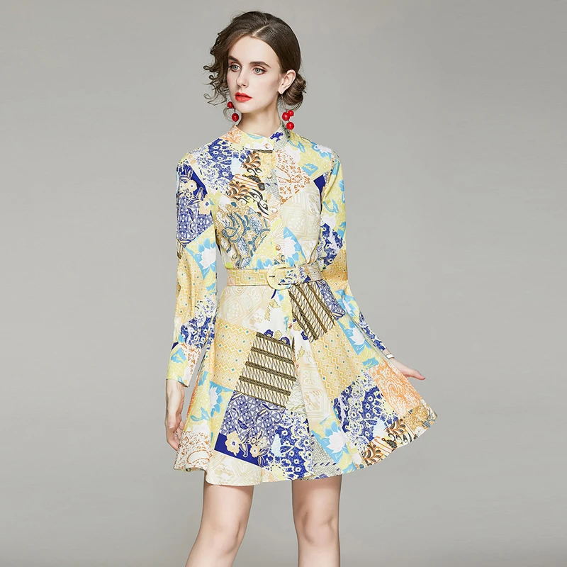 

2022 Summer Women's Dress French Palace Style Retro Stand Collar Print Long-sleeved Dress New Casual Female Slim Dresses X059