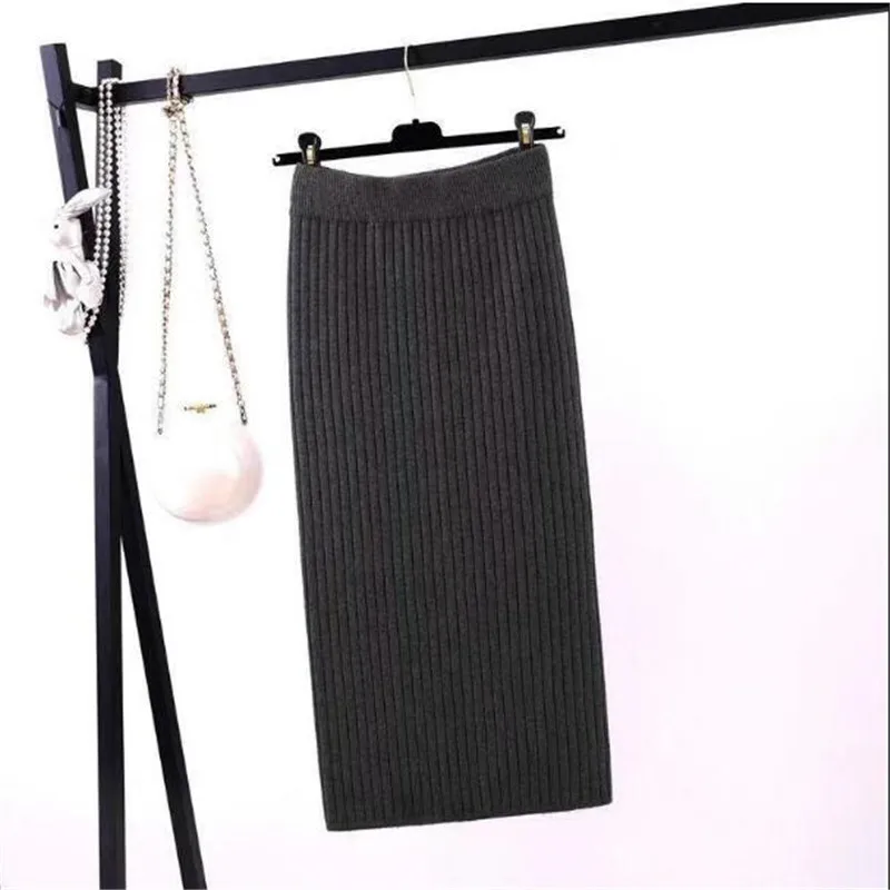 Черный Women Midi Pencil Skirt Back Slit Bodycon Elegant Autumn Winter Casual Knitted Skirt High Waist Skirts Female Jupe Femme Faldas - Цвет: Черный