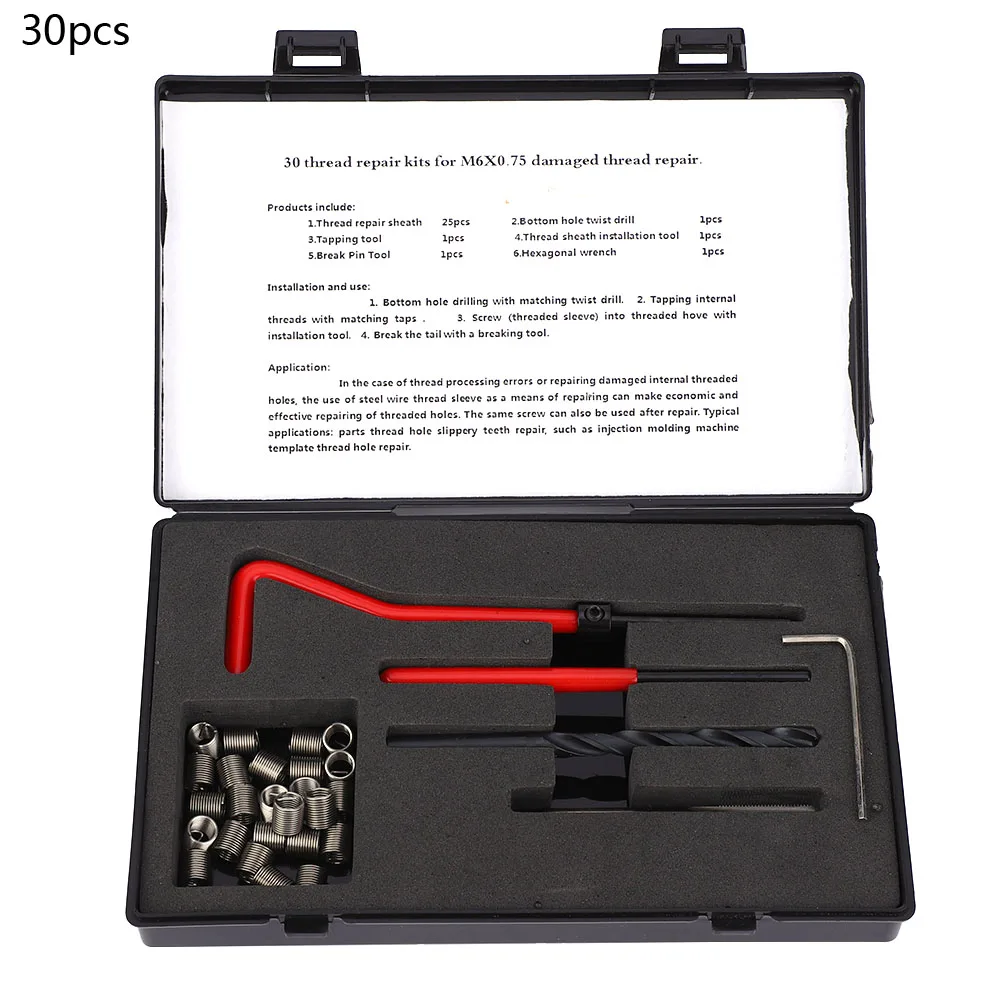 30 Pcs Thread Repair Kit M6x0.75 Stainless Steel Rethreading Tap Set