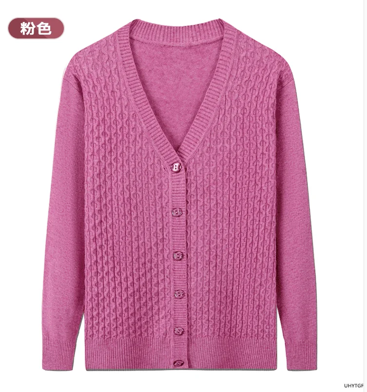 UHYTGF Elegant Mother Spring Autumn Sweater Jacket Single-Breasted Knitted Cardigan For Women Fashion V-Neck Loose Size Coat1447