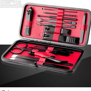 

18Pcs With Black PU Leather Case Manicure Set Nail Clipper Kit Pedicure Care Tools Black Men Grooming Kit