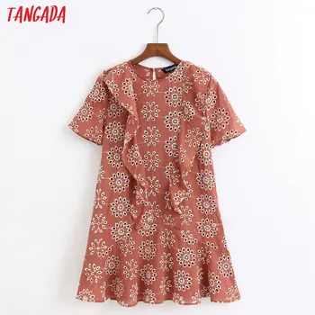 

Tangada fashion women flowers embroidery mini dress ruffles short sleeve ladies vintage sundress vestidos 6Z45