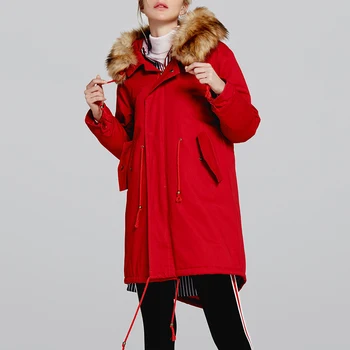 

2019 New Winter Coat Women Jacket With Fur Collar Hooded Cotton Clothes Plus Size Casual Slim Long Sleeve Red Long Cotton Jacket