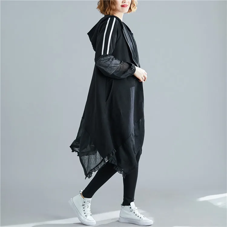 Осенняя одежда, свободный крой, художественный, универсальный, большой размер, необычное соединение, плащ, Повседневный, с капюшоном, средней длины, кардиган