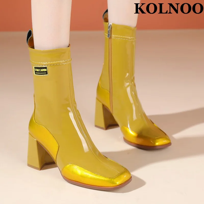 

Kolnoo New 2022 Thick Heel Women Dress Boots Patent Leather Retro Party Ankle Booties Evening Xmas Fashion Prom Winter Shoes