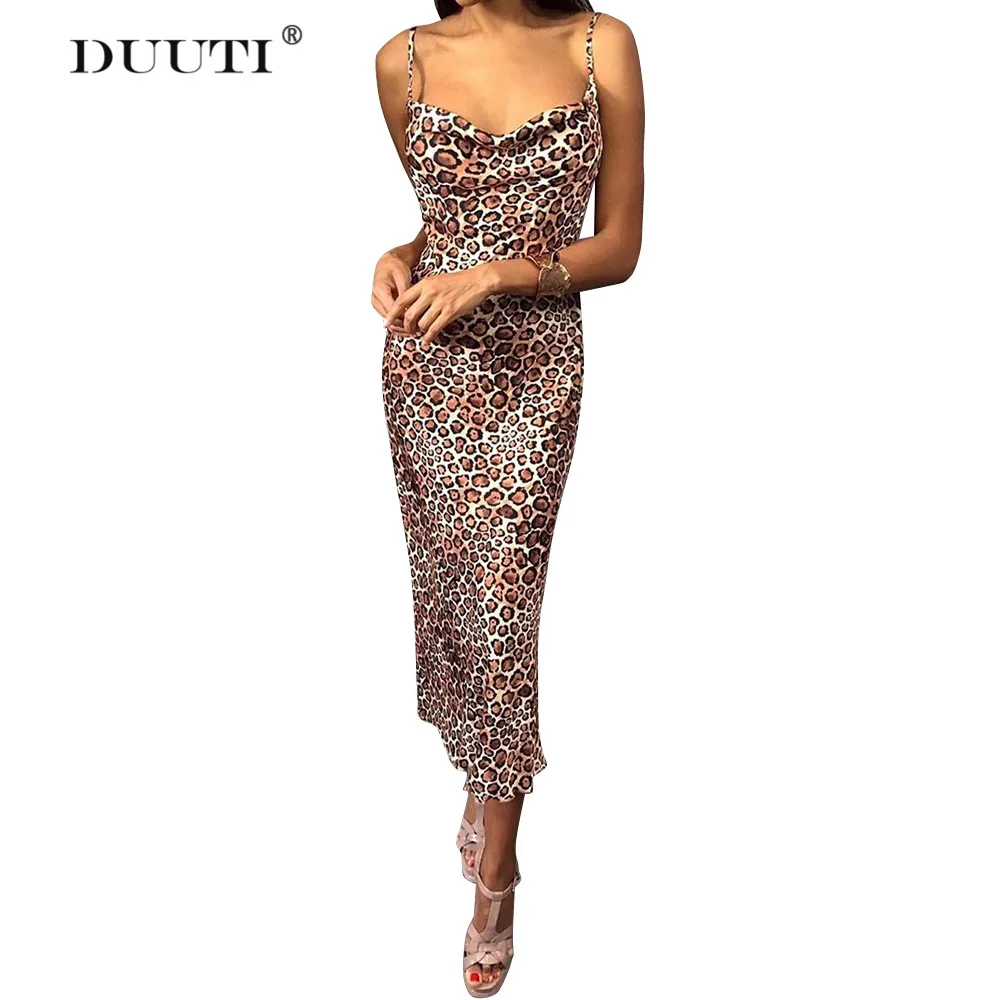 

New Leopard Print Dress Retro Low Cowl Sexy Party Dress Autumn Sleeveless V-Neck Loose Bodycon Dress Backless Casual Dress D30
