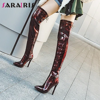 

SARAIRIS New Plus Size 33-48 Sexy Evening Thigh High Boots Women Winter Fashion Patent Pu Leather Over The Knee Boots High Heels