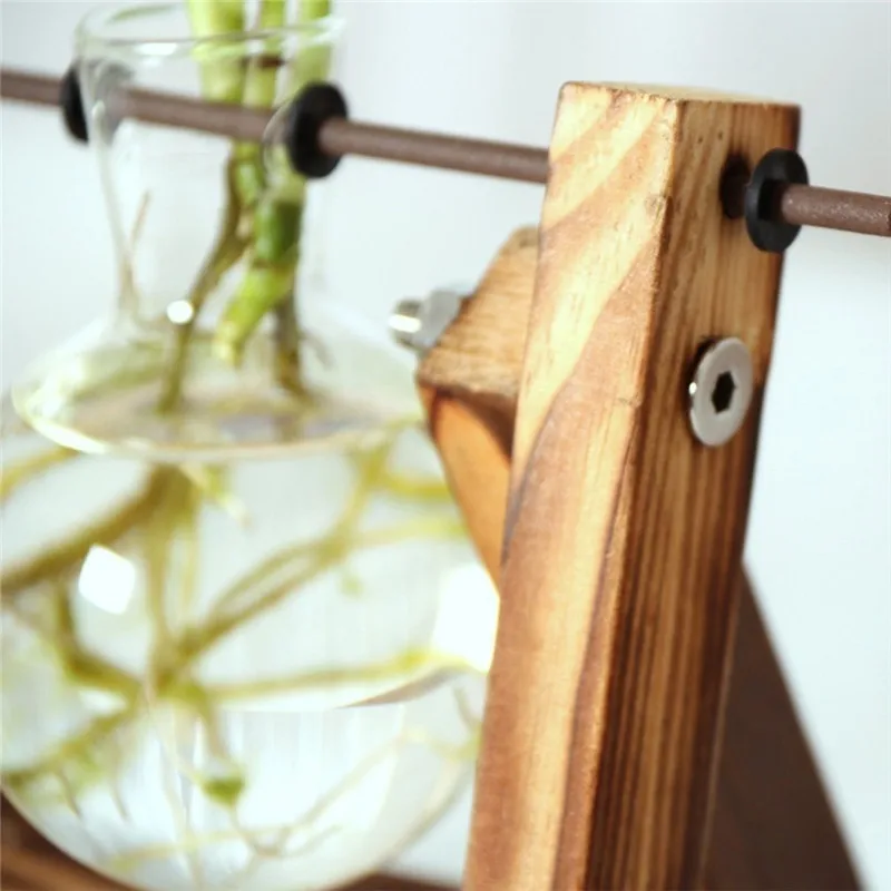 Настольная стеклянная ваза для растений с ретро твердой деревянной подставкой и металлическим поворотным держателем для гидропоники для украшения дома и офиса