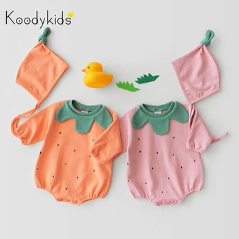

Koodykids 2020 Spring Autumn Baby Boy Orange Bodysuits Cotton Soft With Hat Rompers Baby Girl Autumn Winter Rompers 0-3 Year