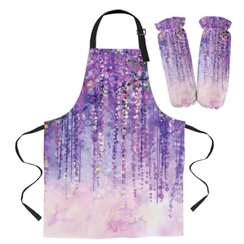 

Apron Kit Oil Painting Purple Artistic Conception Kitchen Bib Oven Mitts for Cooking Woman Kids Aprons Cuff Baking Accessories