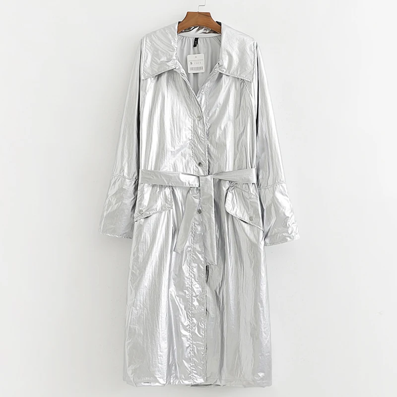 

RR Metallic Trench Women Fashion Buttons Trench Coats Women Elegant Tie Belt Waist Trench Female Ladies HI