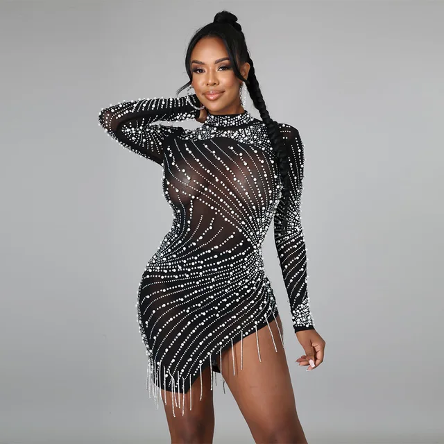 2022 Black Women's Clothing Diamond O-neck Long Sleeve Sexy Celebrity Birthday Dress For Women Vestidos Night Club Party Outfits 2