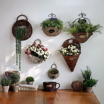 

2020 Hand Made Wicker Rattan Flower Basket Green vine Pot Planter Hanging Vase Container Wall Plant Basket For Garden