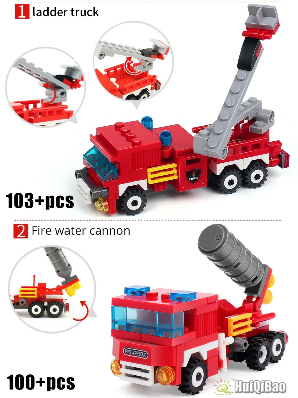 HUIQIBAO 348pcs Fire Fighting 4in1 Trucks Car Helicopter Boat Building Blocks City Firefighter Figures Man Bricks Children Toys