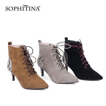 

SOPHITINA Sexy Fashion Ankle Boots Woman Cow Suede Pointed Toe High Thin Heel Lace Up Patchwork Snack Pattern Short Boots PC836
