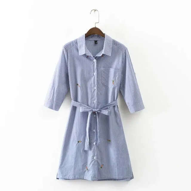 

Western Style Autumn And Winter WOMEN'S Dress New Style Embroidered Carrot Blue And White Vertical Striped Fold-down Collar Wais