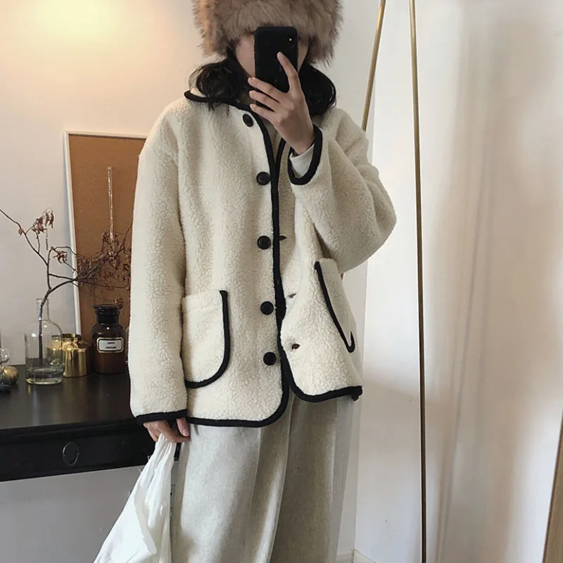 

2021 Women's Winter New Little Fragrant Lapel Lamb Wool Padded Jacket For Ladies Singel Breasted Furry Solid Color Chic Coat