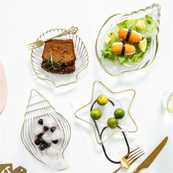

Glass Salad Bowls Gold Side Crystal Transparent Dish Creative Starfish conch scallop Snack Fruit Plates Home kitchen Decor Gift