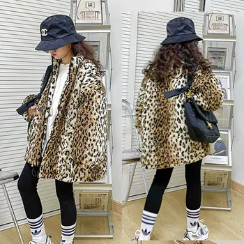 

2020 autumn and winter new girls lamb fur coat fashionable plus cotton thick leopard print long cotton jacket