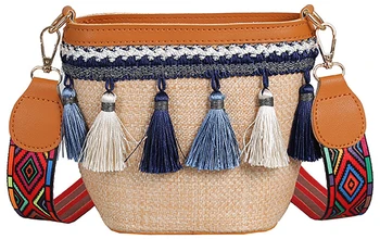 

QZUnique Women Straw Beach Colorful Tassel Shoulder Bag Handmade Rattan Handwoven PU Top Crossbody Bag Hobo Purse for Summer