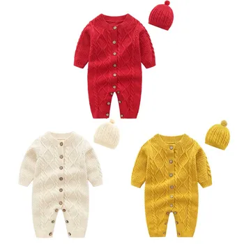 

Infant Baby Knitted Romper and Hat Set Girls Boys Autumn Winter Sweater Jumpsuit Long Sleeve Toddler Overalls Baby Clothes 6-24M