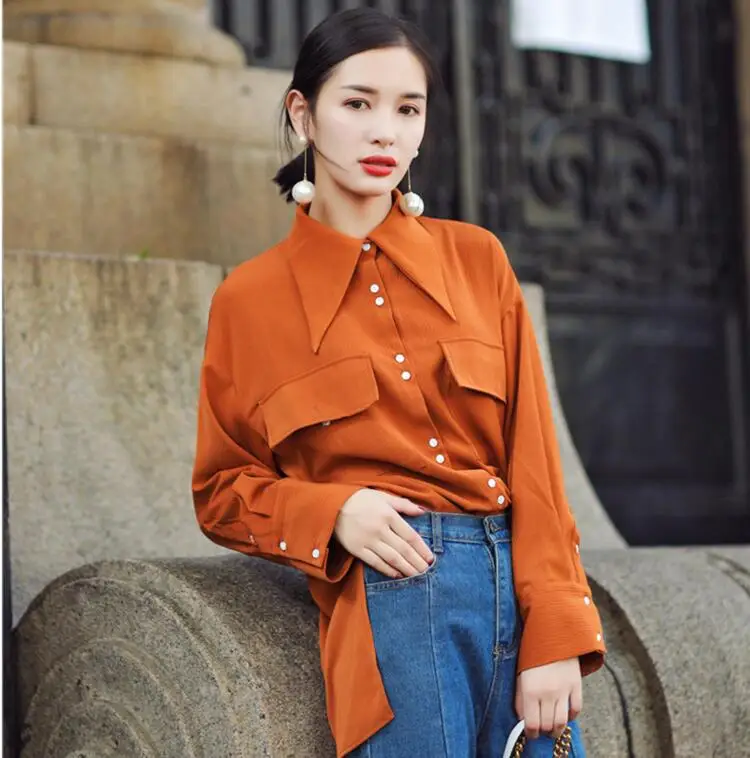 

Fashion Casual Women Shirt 2019 Autumn New Shirt Loose Solid Color Long-sleeved Button Slim Temperament Stand Wild Shirt Women
