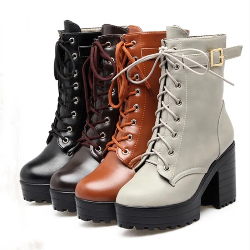 

Fashion PU Belt Buckle Ankle Boots Concise Lace-Up Platform Shoes For Women Classics Martin High Heels Spring Autumn Botas Mujer