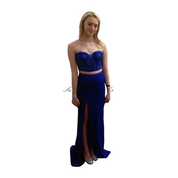 

Sweetheart Two Piece Prom Dresses 2020 Blue Prom Gown With Rhinestone Side Slit Satin Long Dress For Party Robe De Soiree