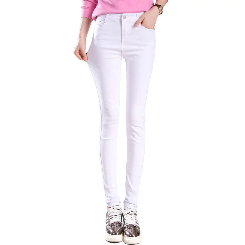 

VISNXGI Autumn Fashion Pencil Pants Woman Candy Colors Denim Jeans Full Length Zipper Skinny Stretch Button Pockets Trousers