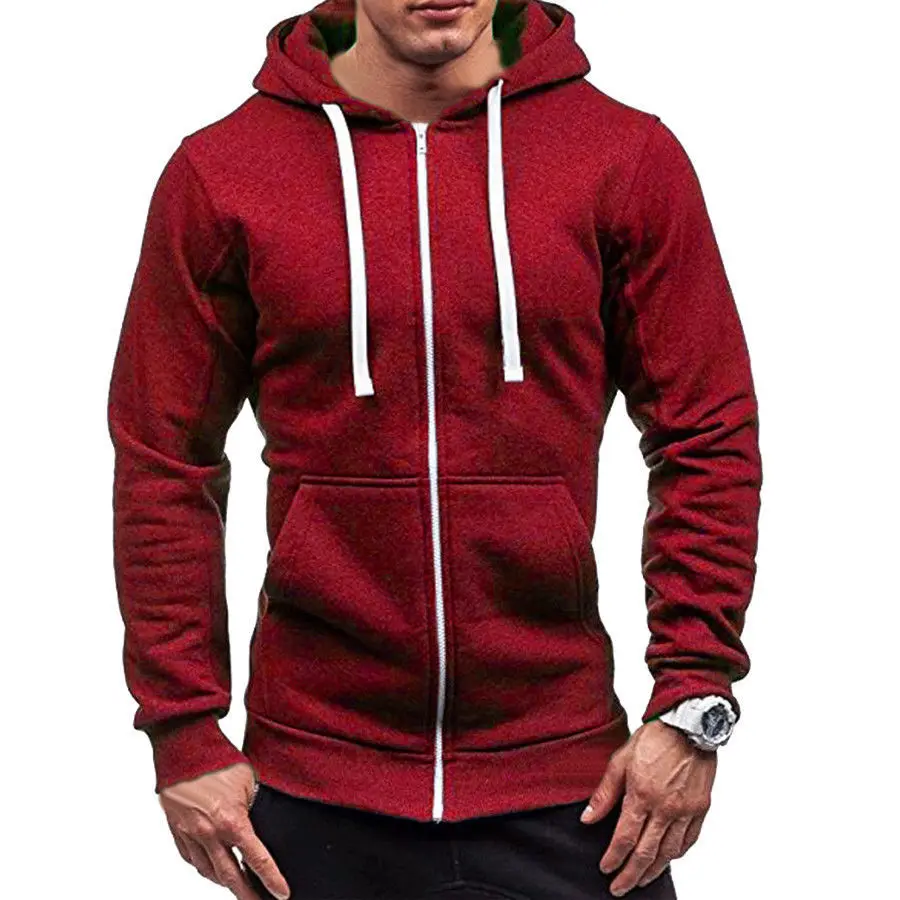 Красный Men Classic Hoodies Zipper Long Sleeve Male Sweatshirt Hoodies Winter Jacket Coat Male Zipper Pocket Solid Casual Hoodies - Цвет: Красный