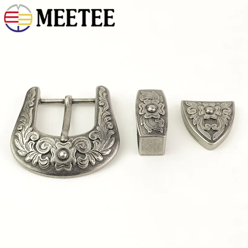 Meetee 1/2 комплекта(1 комплект+ 3 шт.) 38 мм Ретро три части ремня Пряжка AntiqueSilver металлический костюм булавка пряжка голова DIY кожевенное ремесло аксессуар
