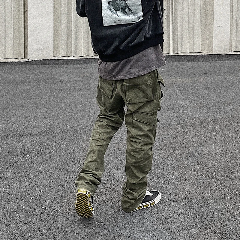 Harajuku Multi-pockets Straight Flare Pants Mens High Street Elastic Waist Solid Loose Casual Cargo Pants Hip Hop Baggy Trousers