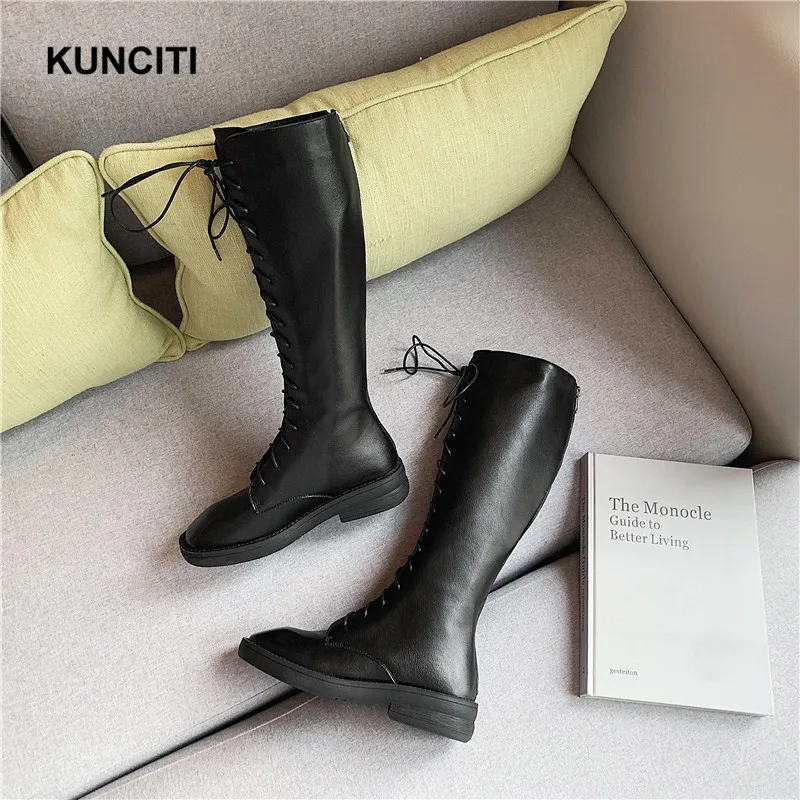 KUNCITI/; женские сапоги до колена из натуральной кожи; женские осенние высокие сапоги на шнуровке; модные дизайнерские женские высокие сапоги; B906