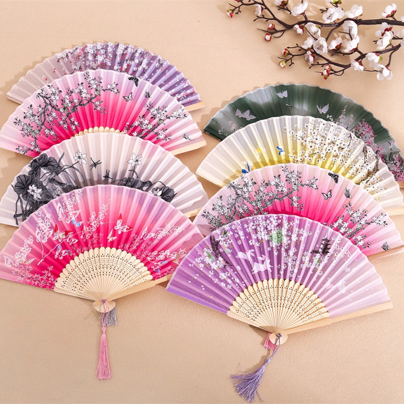 Vintage Chinese Style Spun Silk Folding Fan Japanese Plain Pattern Art Craft Gift Home Decoration Ornaments Dance Hand Fan