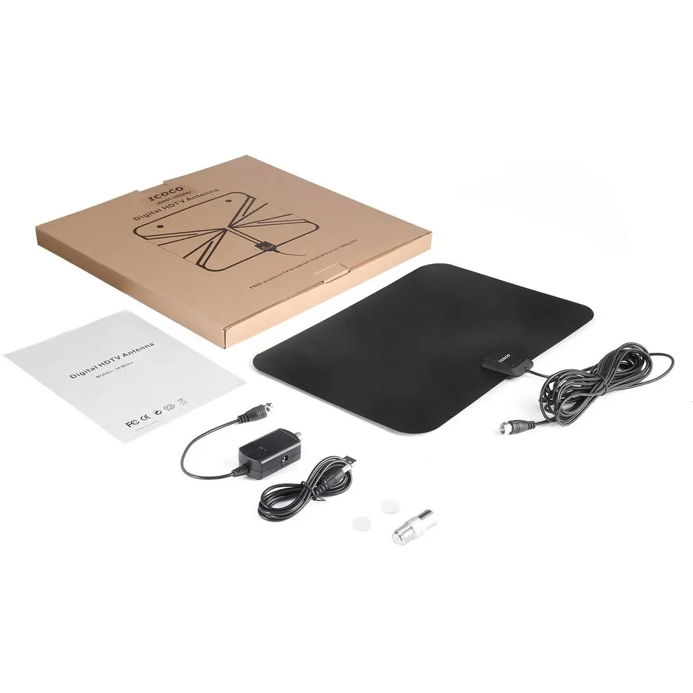 

ICOCO Indoor Digital HDTV 50 Miles Long Range Amplified TV/FM Antenna with 16.5ft Cable Switch Connector for Better Reception