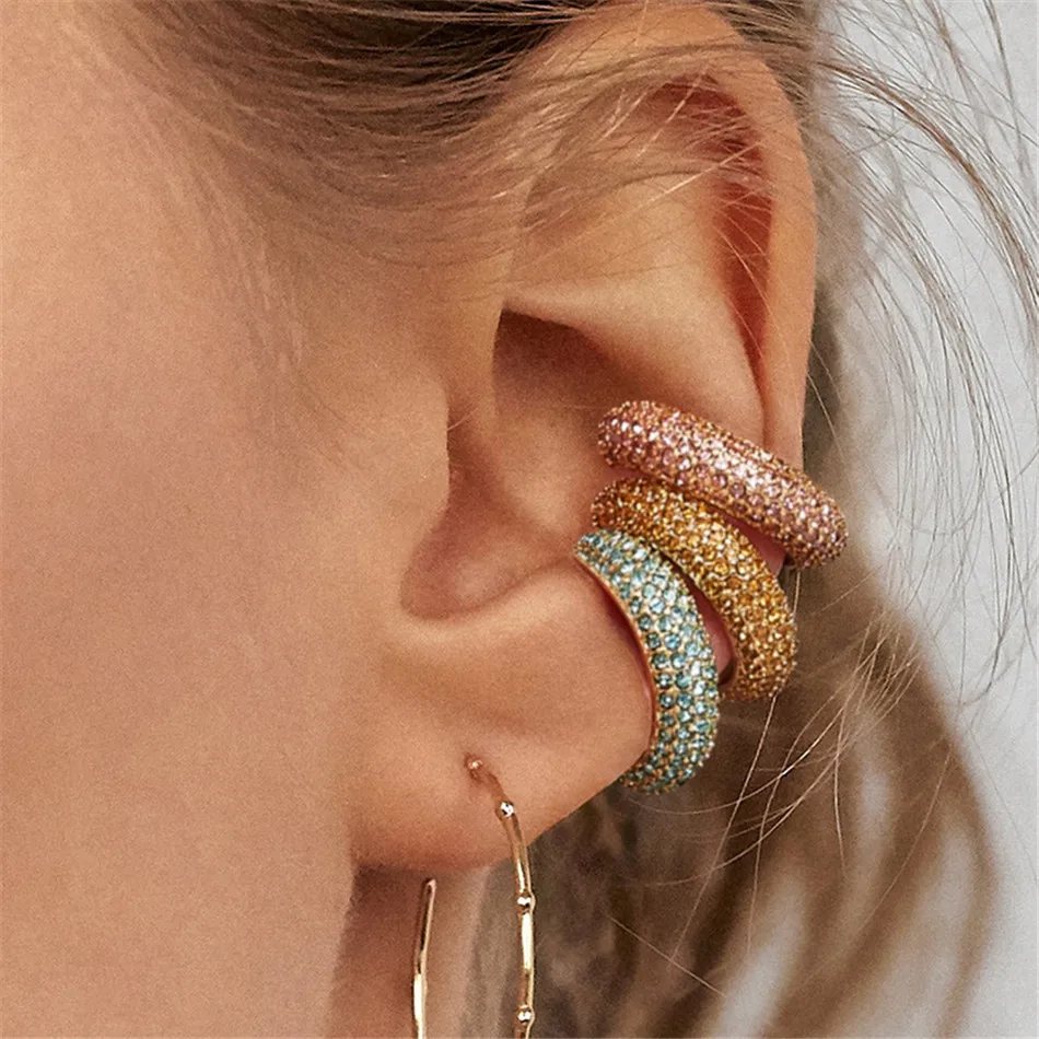 

TTLIFE Rainbow CZ Ear Cuff C-shaped Clip Spot Drill Alloy Women's Earrings Pierced Fashion Round Clip on Earrings Jewelry