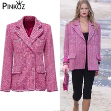 Pinkoz шикарная розовая твидовая куртка двубортная куртка с длинными рукавами и воротником с лацканами женское элегантное пальто дизайнерское подиумное пальто для знаменитостей