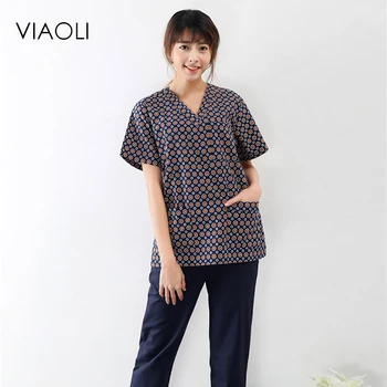 

Viaoli 2018 new summer short-sleeved surgical clothing men and women doctors suits split brush suit coat+pants set Blue spots
