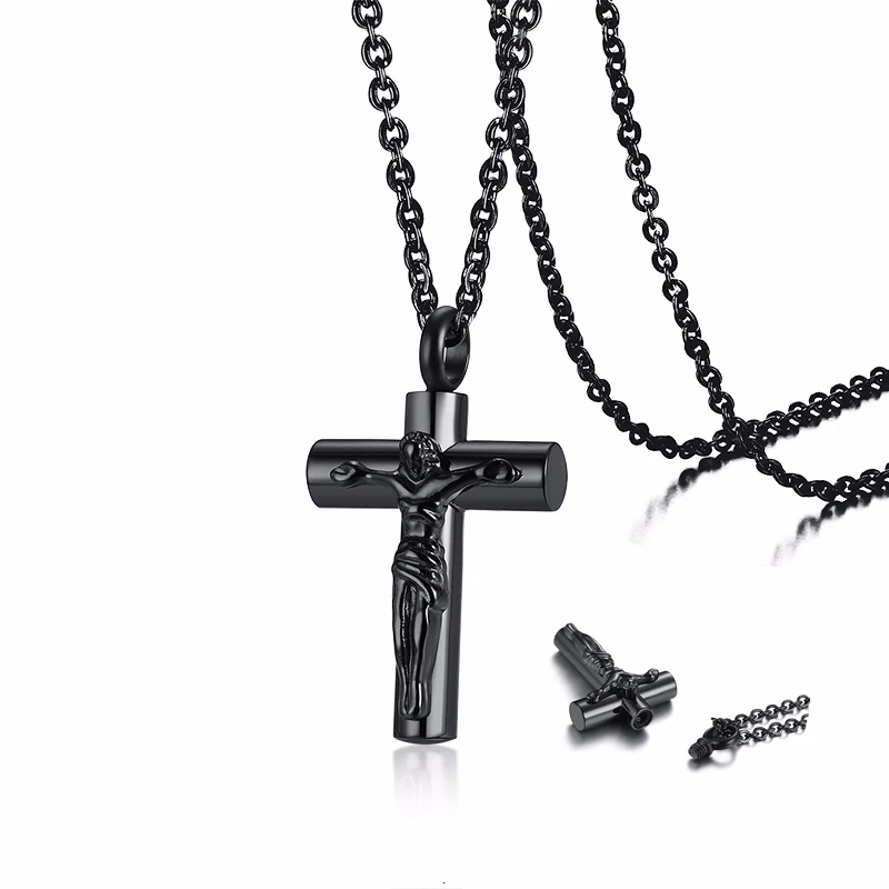 

MEN JESUS CROSS ASHES PENDANT NECKLACE IN BLACK STAINLESS STEEL JEWELRY