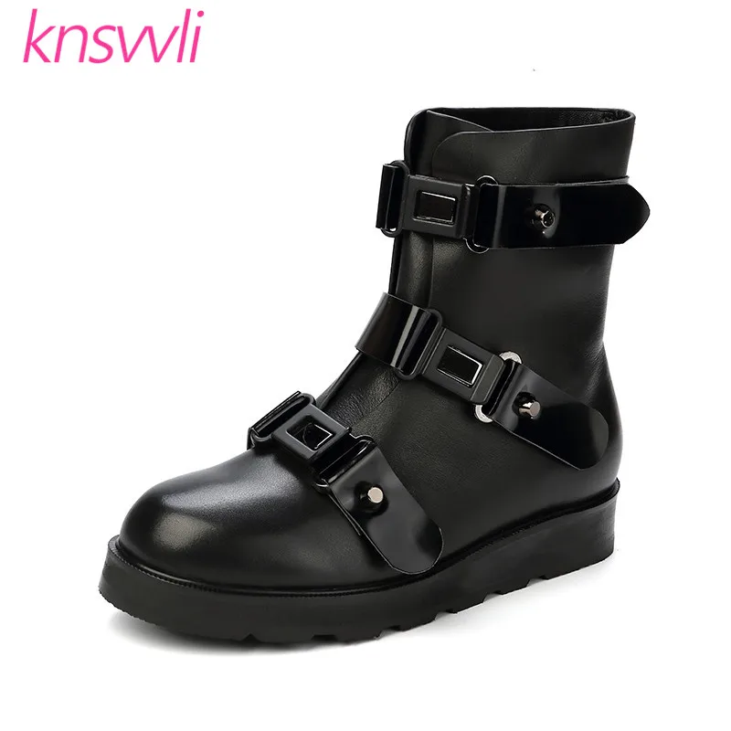 

Genuine Leather Thick Sole Belt Buckle Short Boots Woman Round Toe British Style Motorcycle Knight Boots Women Zapatos De Mujer