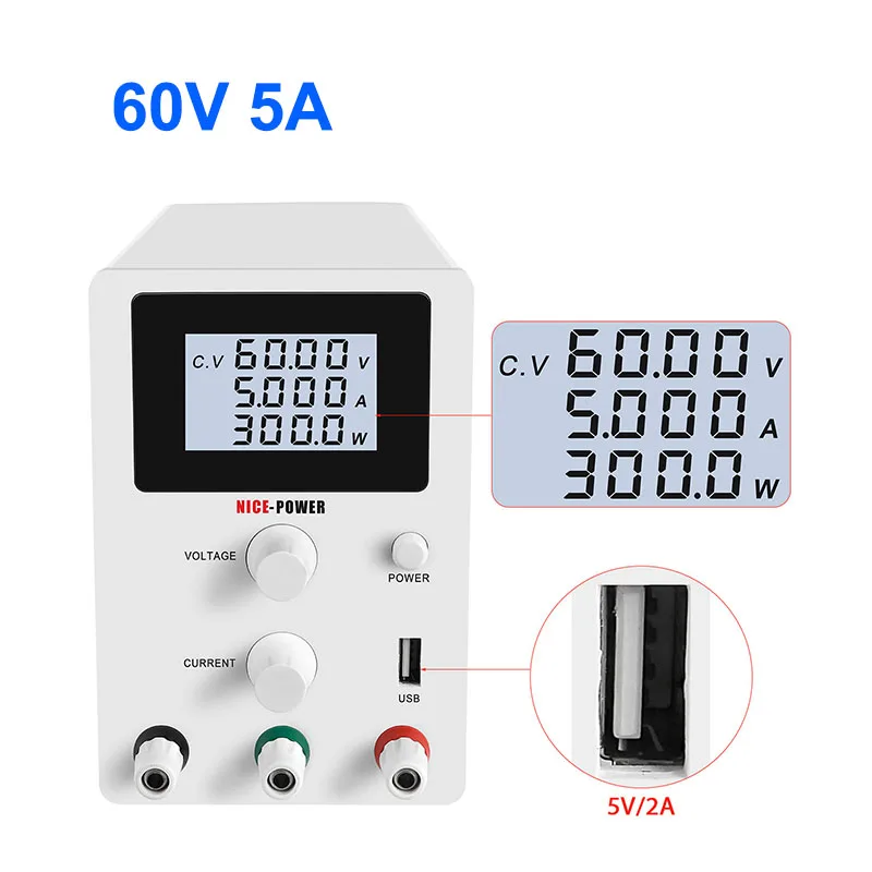 

LCD Screen Digital Switching Regulated Adjustable DC Power Supply display 110/220V Power Source 60V 5A 0.01V 0.001A 0.001W