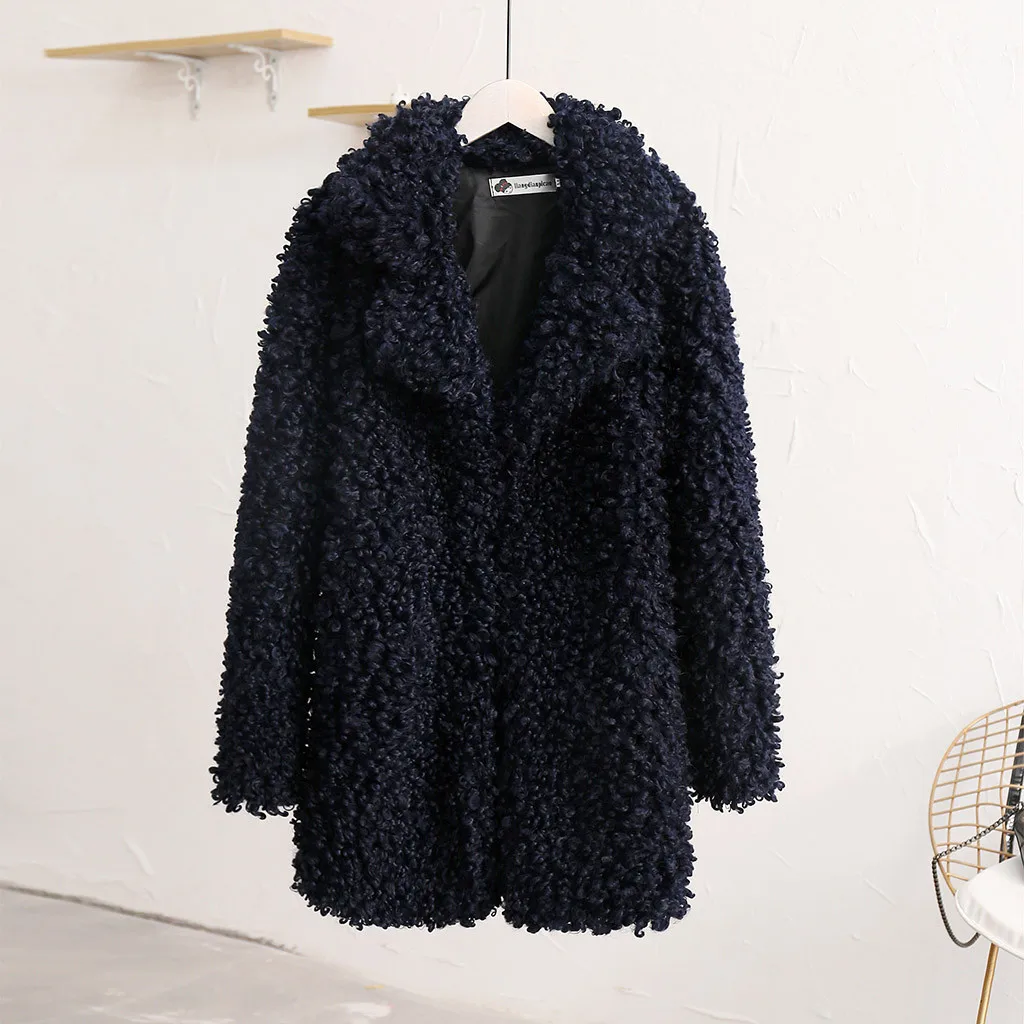 Женская куртка из искусственного меха, свободная, с длинным рукавом, с отложным воротником, теплое, плюшевое пальто, куртки из искусственного меха, повседневная верхняя одежда, плюшевое пальто, пальто, зимнее - Цвет: Dark Blue