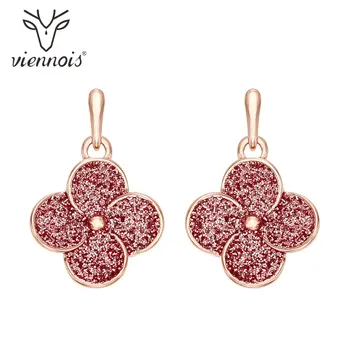 

Viennois Dangle Earrings For women Rhinestone Pink Crystal Flower Drop Earrings 4 leaf clover drop earrings