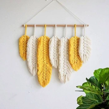 

Handmade Macrame Wall Hanging Cotton Feathers Woven Leaves Headboard Door Porch Hangers Boho Decor Tapestry